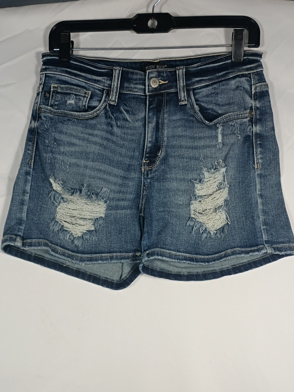 EUC Judy Blue Distressed Mid-Rise Denim Shorts Blue Wash Women's Size Medium